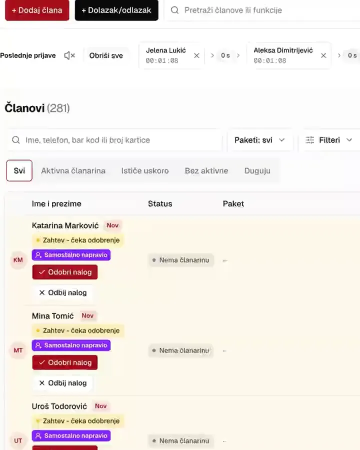 Dodavanje novog člana: forma sa imenom, mejlom i paketom, pa karton sa bar-kodom