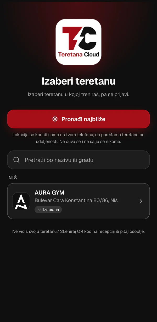 Aplikacija Teretana Cloud: izbor teretane, dugme Pronađi najbliže i pretraga po nazivu ili gradu